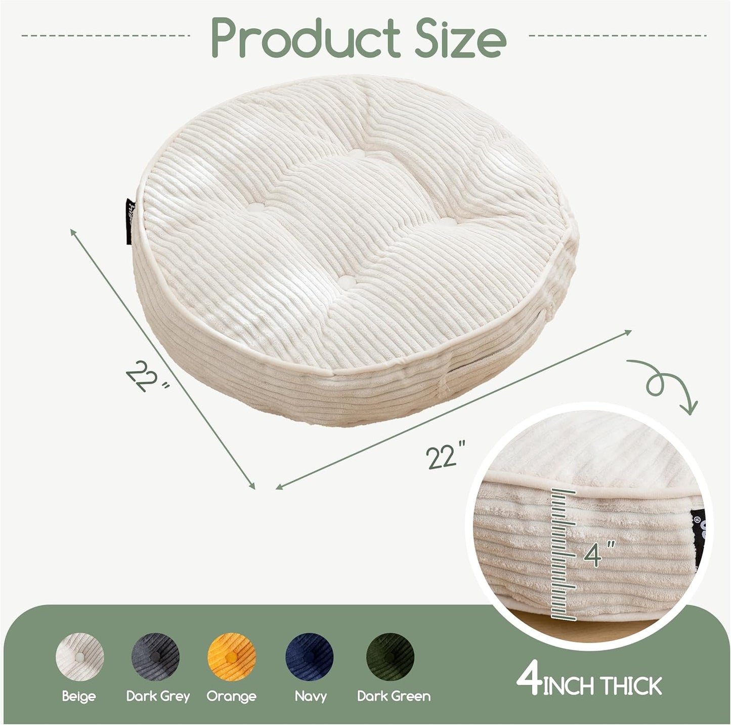 HIGOGOGO 6" Extra Thick Floor Pillow Cushion for Adults, Meditation Cushion Pillow, Large Square Floor Sitting, Tufted Corduroy Cover, for Tatami Living Room or Yoga, 22x22 Inch, 2Pack, Dark Grey