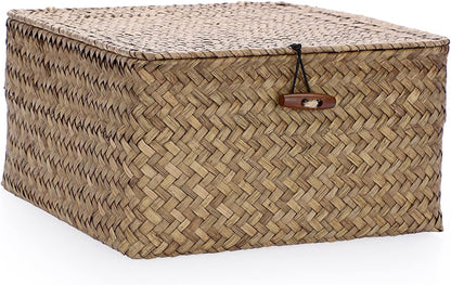 Hipiwe Seagrass Basket with Lid Wicker Storage Basket Square Handwoven Decorative Baskets Box for Shelf Multipurpose Household Baskets Home Decor,X-small