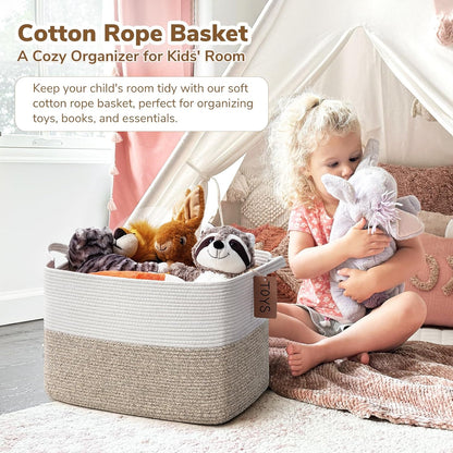 Goodpick Woven Storage Basket, Cotton Rope Basket for Dog Toys, Books, Stylish Gift Basket with Handles, 13 x 10 x 9 Inches Square Baskets for Organizing, Brown and White