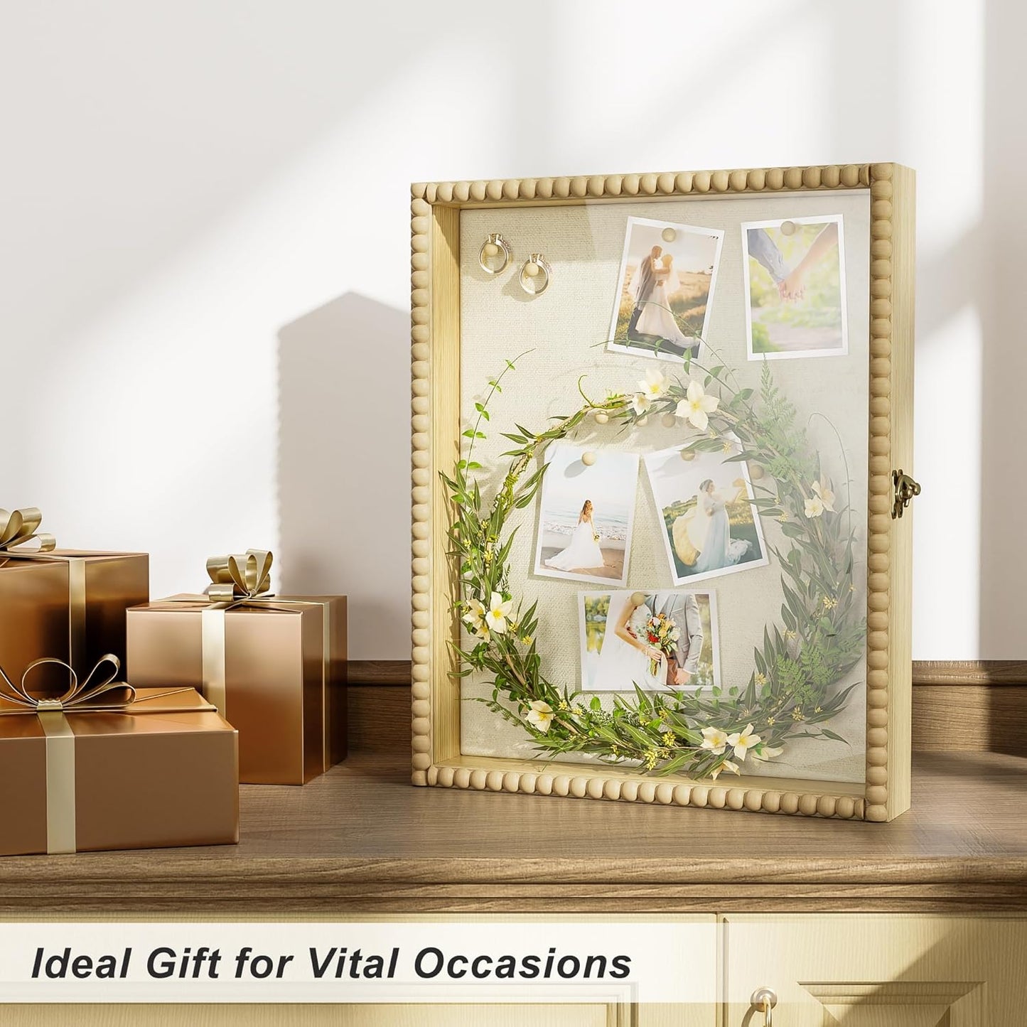 Love-KANKEI Shadow Box Frame 11x14, Deep Large Shadow Box Display Case with Unique Beads Door and Glass Window, Wood Memory Box for Pictures,Medals,Memorabilia,Collections White