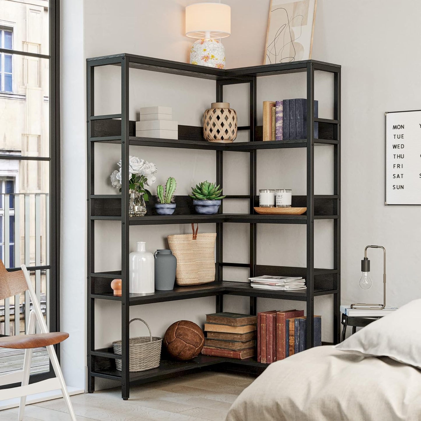 IRONCK Corner Shelf 5 Tiers 70LB Capacity L-Shaped Bookshelf with Baffles and Metal Frame for Home Office Living Room Kitchen Storage and Display