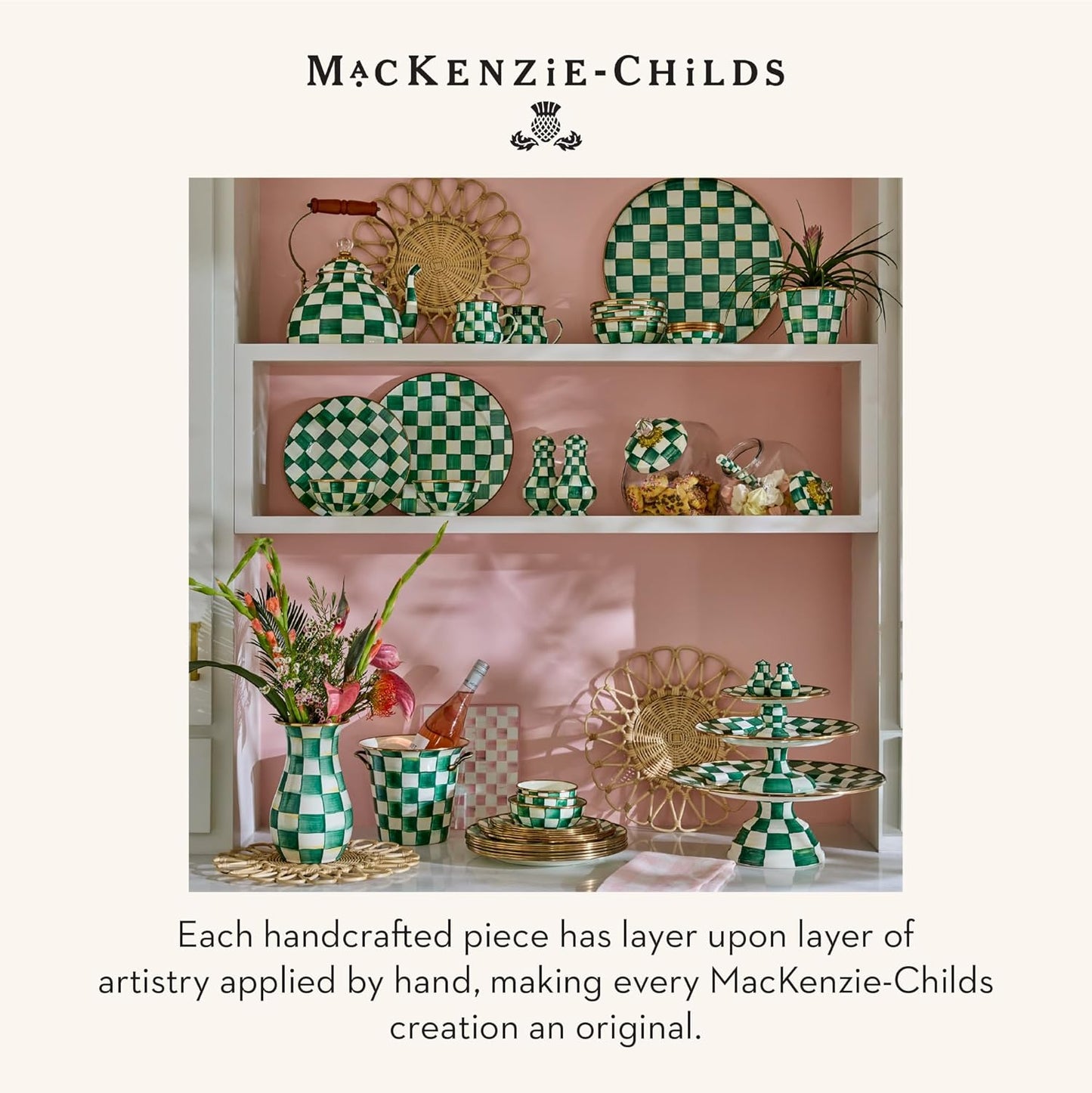 MACKENZIE-CHILDS Enamel Pedestal Serving Platter, Decorative Serving Dish for Food, Small, Black-and-White Courtly Check