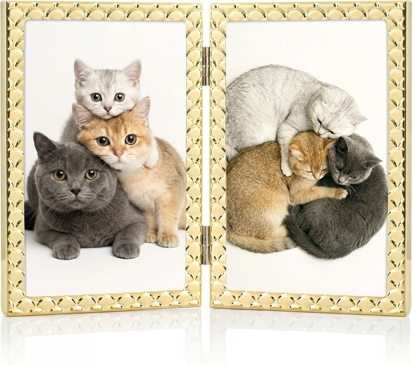 RICHFOCUS Gold 5x7 Floating Picture Frame for Photo 4x6 3.5x5 | 5 x 7 Metal Picture Frames with Double Glass for Tabletop|Modern Photo Frames Wedding|Home Decor