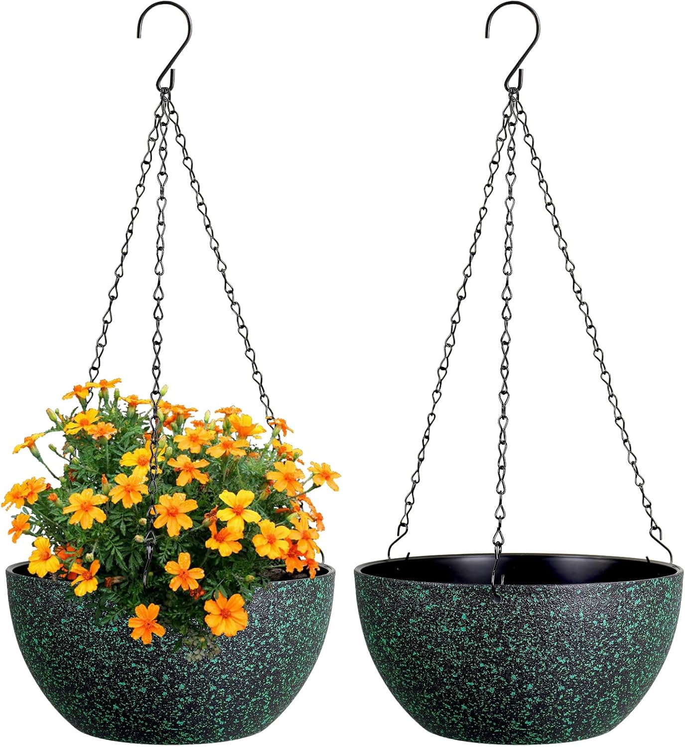 Meowell 10 inch Hanging Planters for Indoor Outdoor Plants, 2 Pack Hanging Flower Pots with Drainage Holes and Chain for Garden Porch, Plastic Hanging Baskets for House Plants, Speckled Grey
