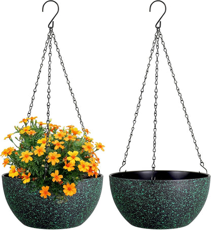 Meowell 10 inch Hanging Planters for Indoor Outdoor Plants, 2 Pack Hanging Flower Pots with Drainage Holes and Chain for Garden Porch, Plastic Hanging Baskets for House Plants, Speckled Grey