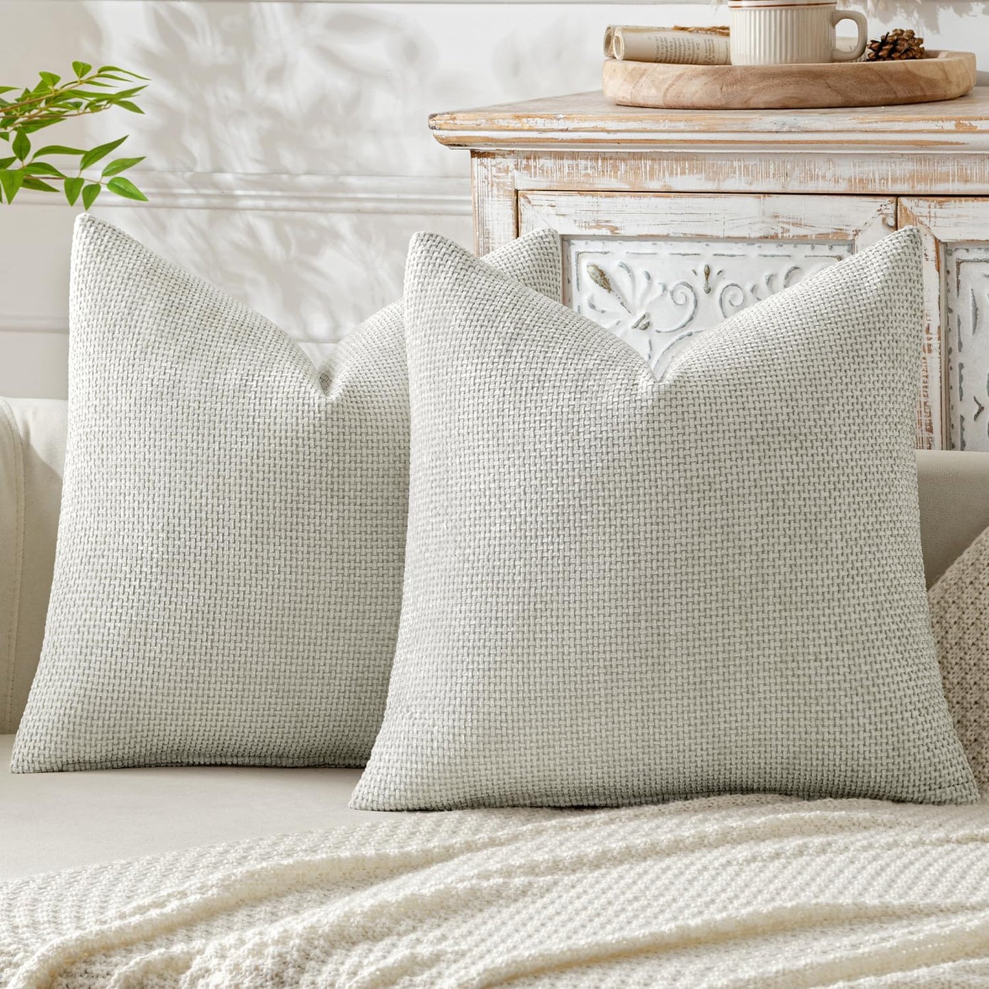 MIULEE Pack of 2 Couch Throw Pillow Covers 18x18 Inch Neutral Beige Modern Boho Accent Decorative Pillow Covers Soft Chenille Farmhouse Cushion Covers for Home Decor Bed Sofa Living Room
