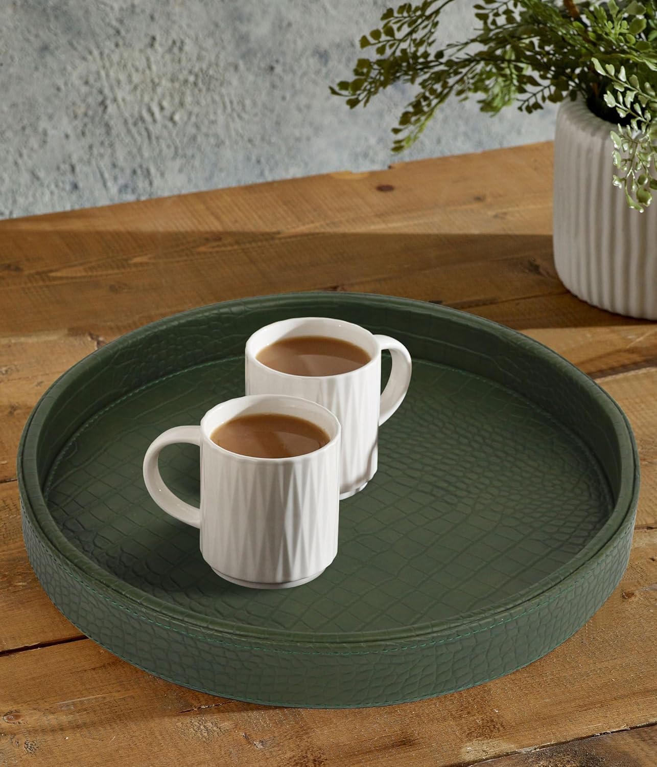 HofferRuffer Round Serving Tray 20'', Elegant Faux Leather Circle Ottoman Table Tray, Serve Tea Coffee Breakfast in Bedroom Living Room Kitchen (Brown)