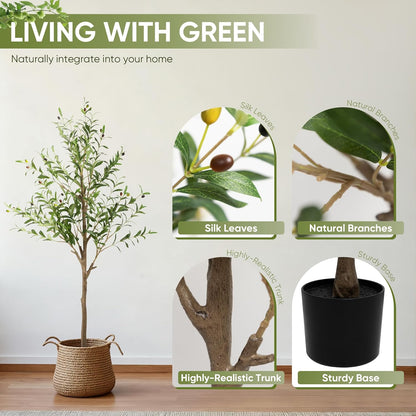 Olive Tree Artificial Indoor, 7 FT Faux Olive Trees with Planter, Fake Tall Plants with Natural Trunk and Lifelike Fruits for Home Office Decor(1, 7FT)