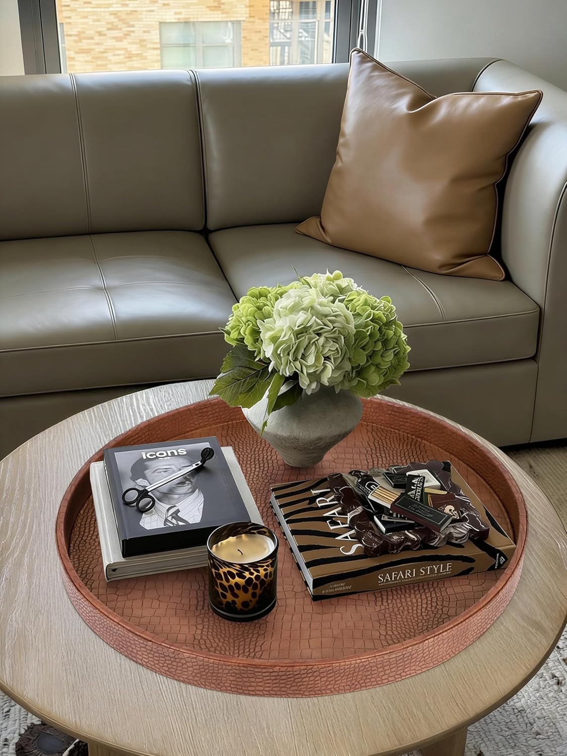 HofferRuffer Round Serving Tray 20'', Elegant Faux Leather Circle Ottoman Table Tray, Serve Tea Coffee Breakfast in Bedroom Living Room Kitchen (Brown)