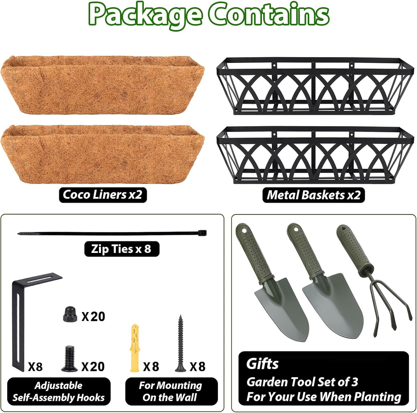 LCHUANG Deck Railing Planter Window Box - 3 Pack 24 Inch Deck Balcony Rail Planter with Coconut Coir Liner, Fence Metal Hanging Flower Planter Basket Deck Railing Planter Boxes for Outdoor Lawn