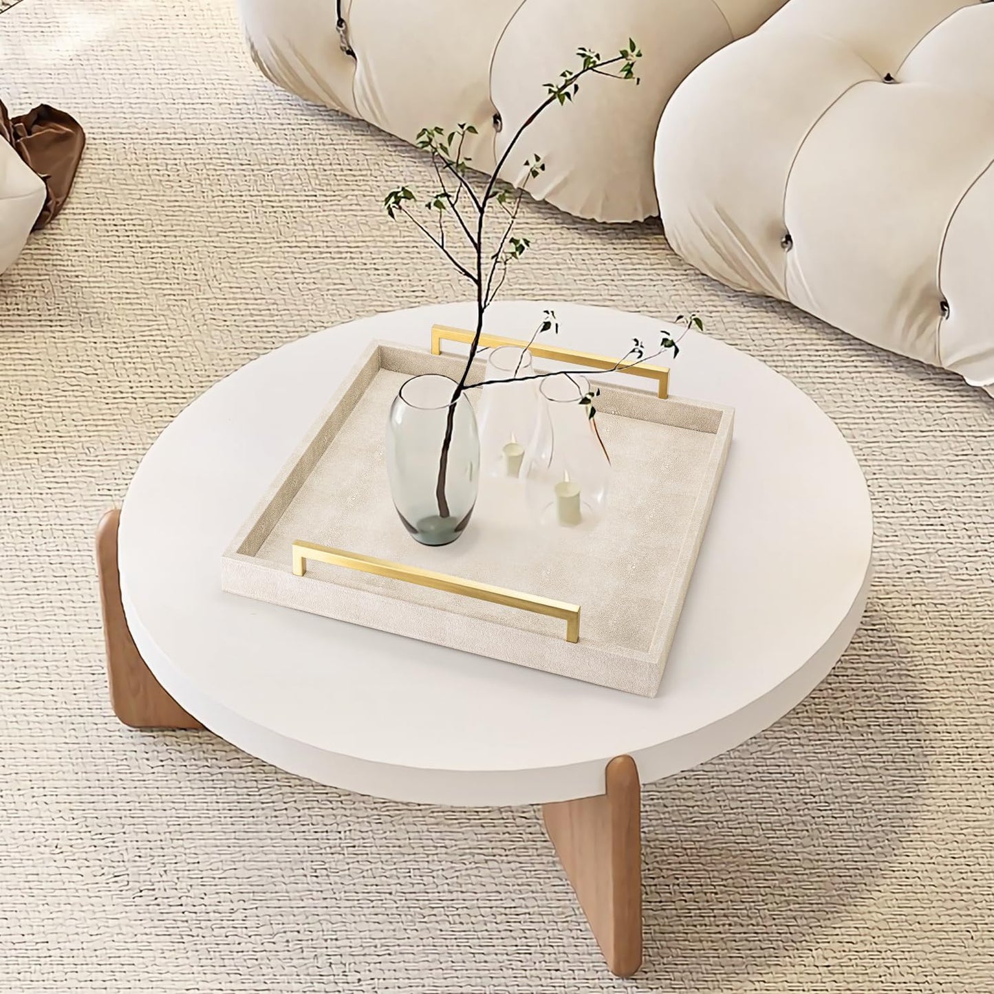 XIGEXIGE Ivory Shagreen Decorative Tray Large Rectangle Coffee Table Tray for Ottoman Faux Leather Serving Tray with Brushed Gold Handles