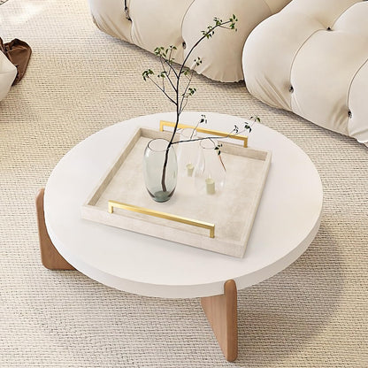XIGEXIGE Ivory Shagreen Decorative Tray Large Rectangle Coffee Table Tray for Ottoman Faux Leather Serving Tray with Brushed Gold Handles