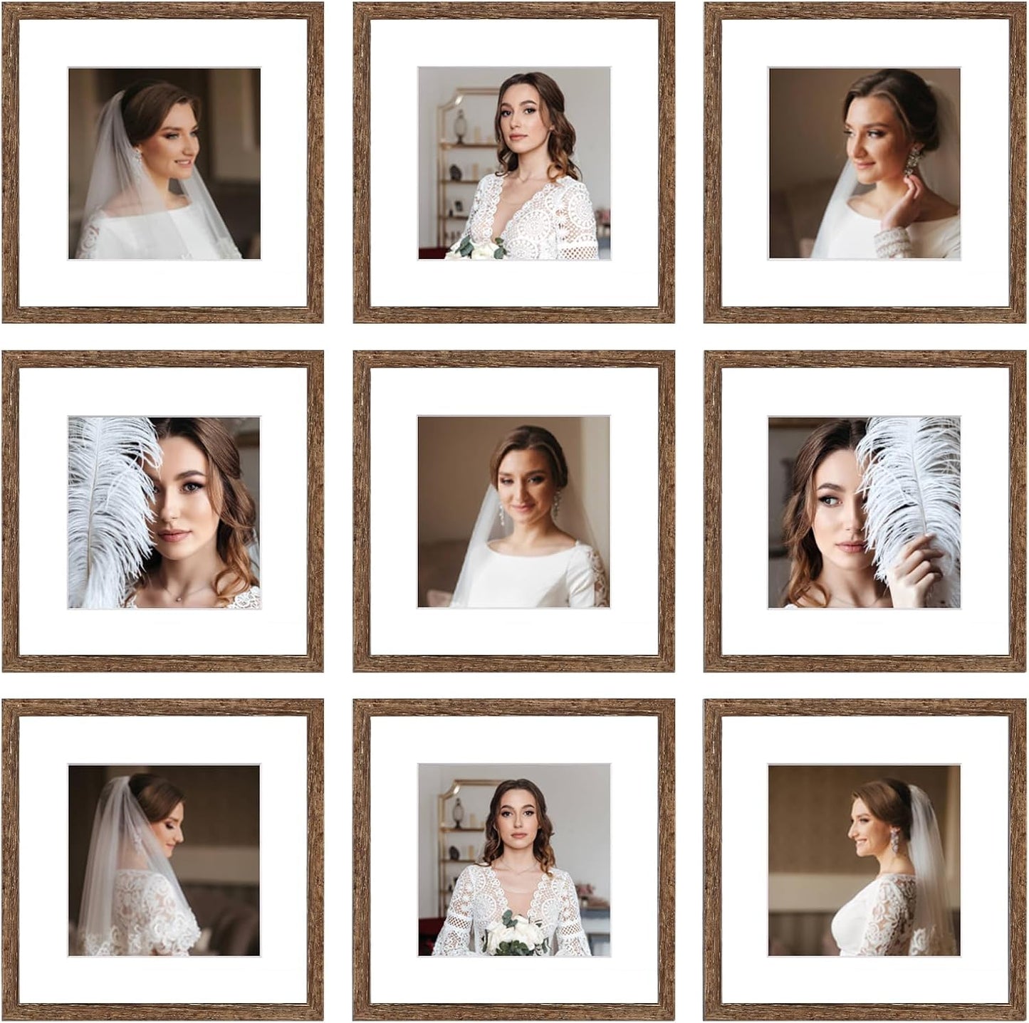 12x12 Picture Frame Set of 9, Display Pictures 8x8 with Mat or 12x12 without Mat, Multi Collage Gallery Square Photo Frames for Wall or Tabletop, Black