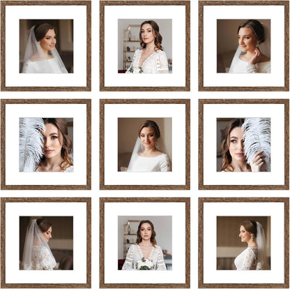 12x12 Picture Frame Set of 9, Display Pictures 8x8 with Mat or 12x12 without Mat, Multi Collage Gallery Square Photo Frames for Wall or Tabletop, Black