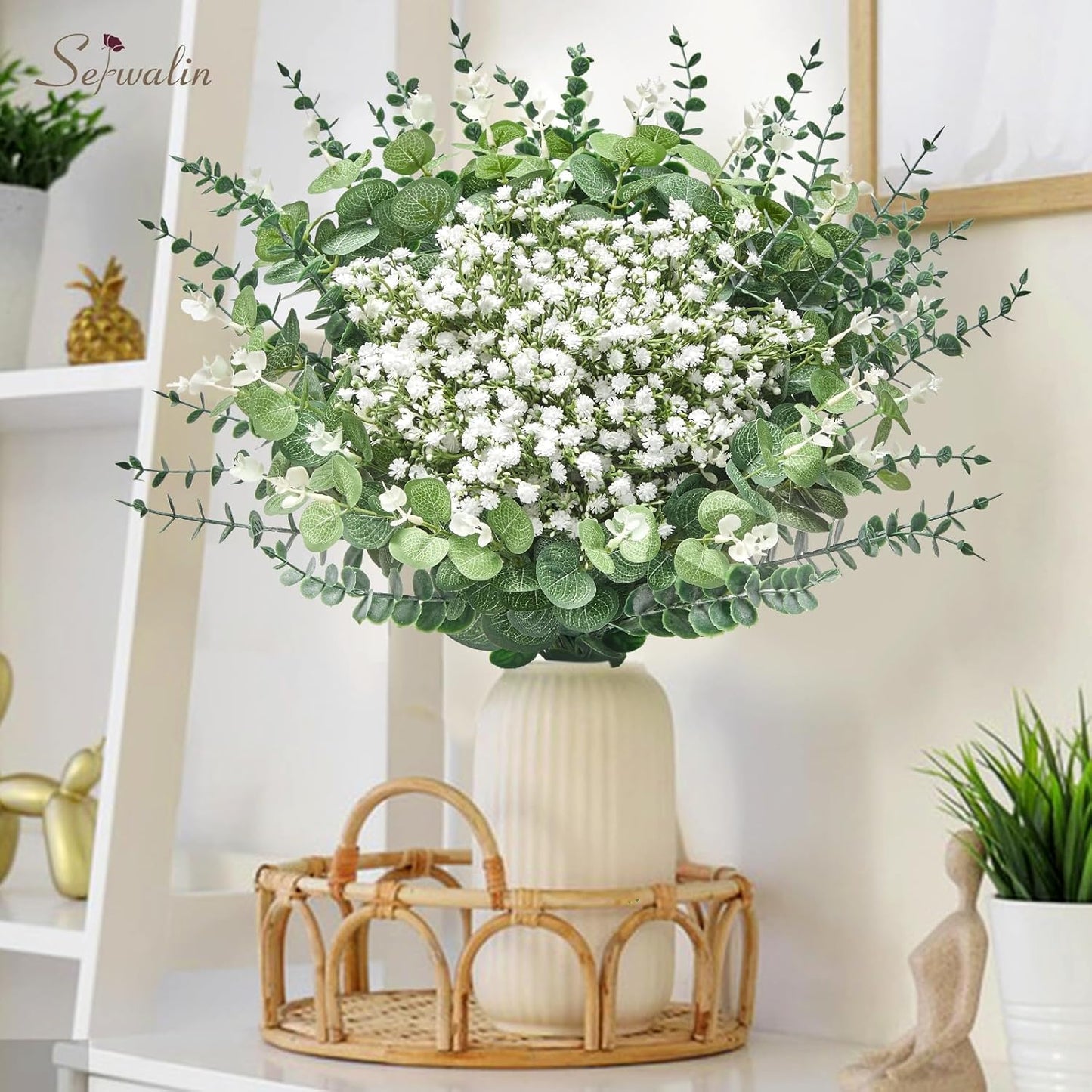 Serwalin 100 Pcs Mixed Artificial Eucalyptus Stems,Babys Breath Artificial Flowers Bulk with Faux Eucalyptus Leaves Greenery Stems for Wedding DIY Bouquets Floral Arrangement Home Decor