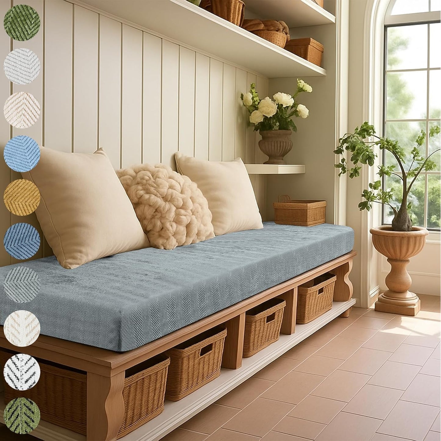 Custom Size Bench Cushion, Custom Bench Cushions for Indoor Furniture, 75D Foam Furniture Window Seat Cushion, Breakfast Nook, Mudroom, Banquette Bench Cushion, Non-Slip Bottom, Pipe Design