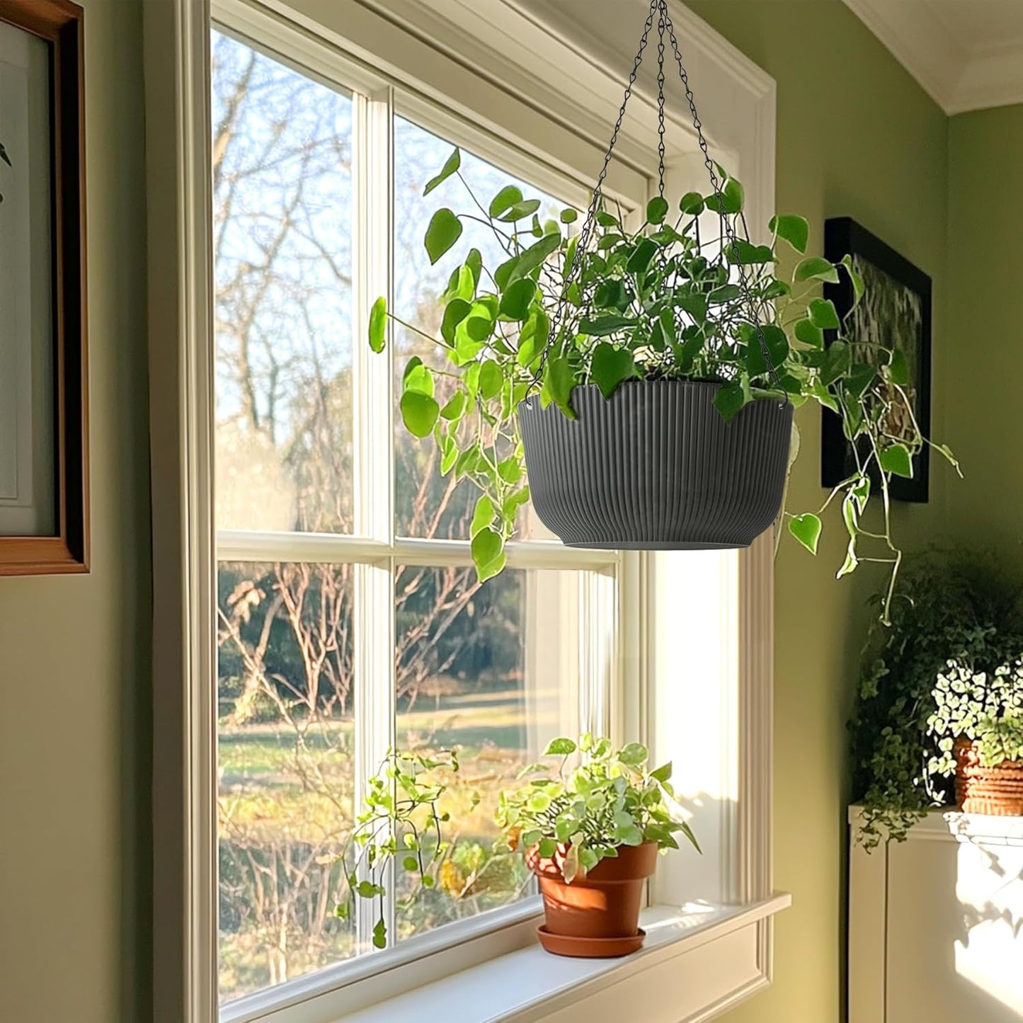 T4U 10 Inch Hanging Planters for Indoor Plants, 2 Pack White Self Watering Hanging Plant Pot, Hanging Pots Set with Drainage Hole & Plug & Chain with 3 Hooks for Garden Home Decor
