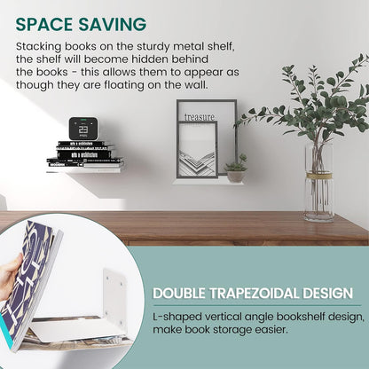 STORAGE MANIAC Floating Book Shelves for Wall Mounted Invisible Floating Bookshelves Heavy-Duty Steel Hidden Bookshelf Hanging Bookshelves for Bedroom Living Room Office, White 4-Pack Large