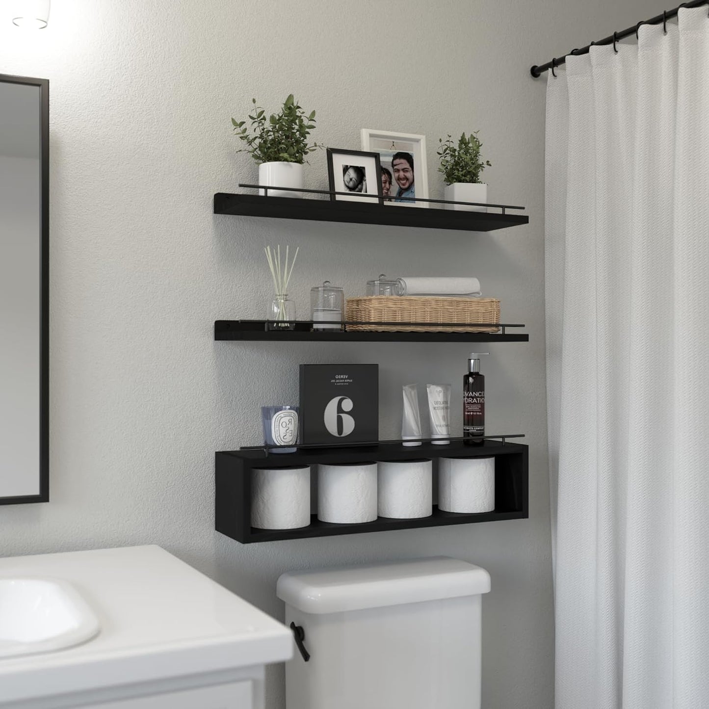 WOPITUES Floating Shelves for Wall with Cube Shelf, Wall Shelves with Metal Rail for Bathroom Decor, Bathroom Organizers and Storage, Over Toilet Shelves for Toilet Paper-Black