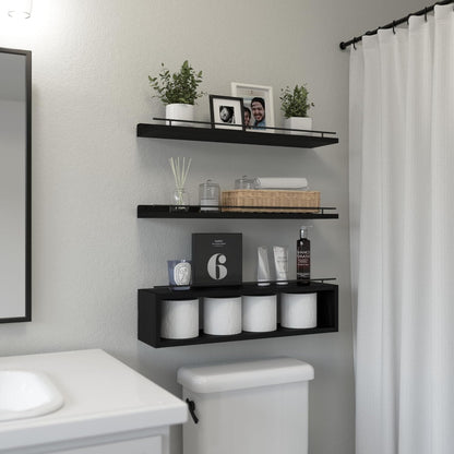 WOPITUES Floating Shelves for Wall with Cube Shelf, Wall Shelves with Metal Rail for Bathroom Decor, Bathroom Organizers and Storage, Over Toilet Shelves for Toilet Paper-Black