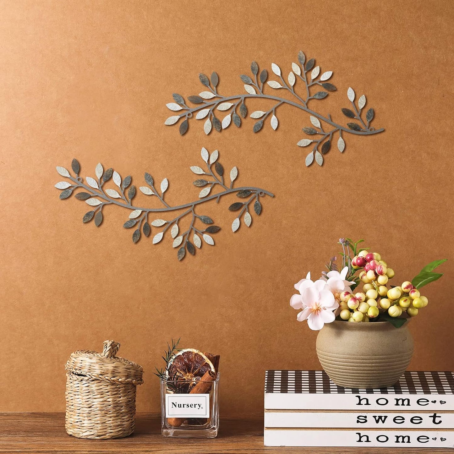 Hotop 2 Pieces Metal Tree Leaf Wall Decor Vine Olive Branch Leaf Wall Art Wrought Iron Scroll Sculptures Above the Bed, Living Room, Outdoor Decoration (Classic Style,Black)