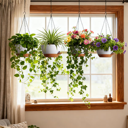 UOUZ Set of 3-10 Inch Self Watering Hanging Planters for Indoor Outdoor，Hanging Plant Pots with Drainage & Removable Tray, Hanging Pots Holder for Ivy, Pothos, Ferns, Balcony & Patio, Black with Brown