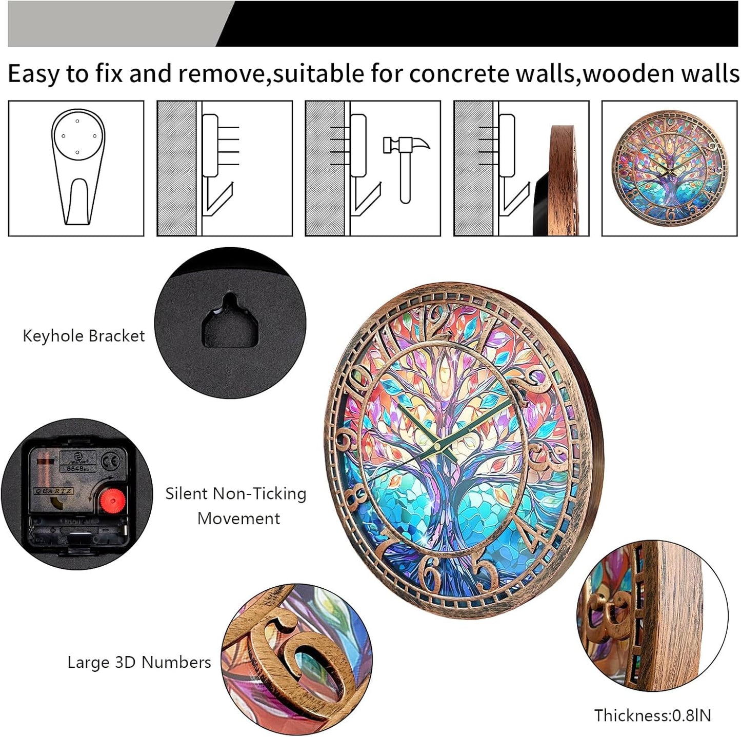 WANGIRO Tree of Life Wall Clock 12inch Silent Movement Non-Ticking Clock Precise Timekeeping Wall Clock Suitable for Living Rooms Bedrooms Offices Ideal for Home Decor Gifts Antique Copper