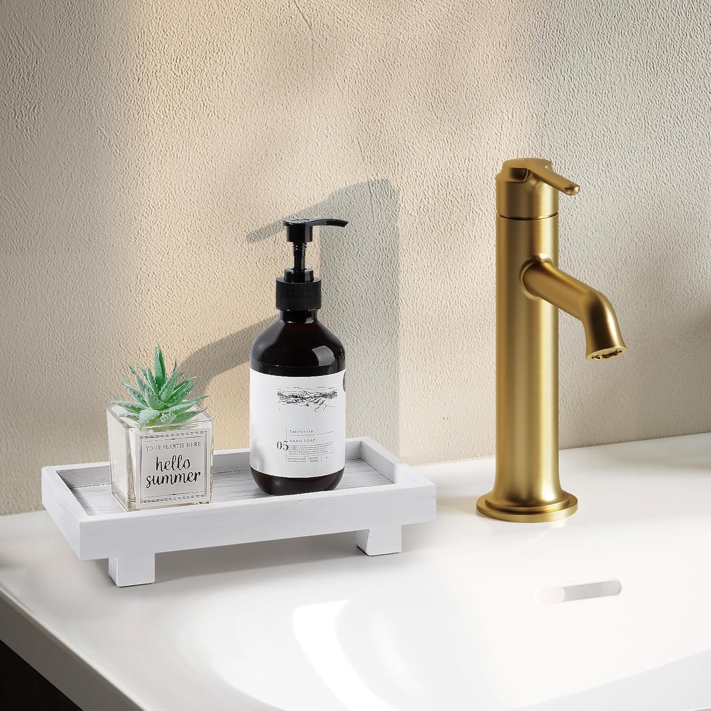 Decorative Tray Small Pedestal Stand Farmhouse Bathroom Decor Wooden Riser Display Stand for Vanity, Kitchen Countertop, Sink, 9.4 * 4.7 White