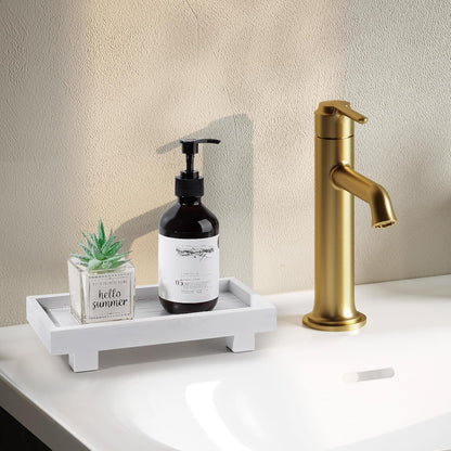 Decorative Tray Small Pedestal Stand Farmhouse Bathroom Decor Wooden Riser Display Stand for Vanity, Kitchen Countertop, Sink, 9.4 * 4.7 White