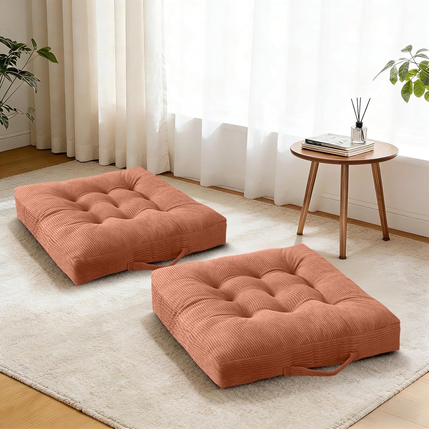Floor Pillow Dark Grey Washable Floor Sitting Cushions 18x18 Inch 2-Pack, Meditation Yoga Pillows for Sitting on Floor Tufted Corduroy Seat Pads with Handle for Office Dining Room Seats