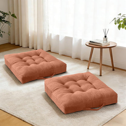 Floor Pillow Dark Grey Washable Floor Sitting Cushions 18x18 Inch 2-Pack, Meditation Yoga Pillows for Sitting on Floor Tufted Corduroy Seat Pads with Handle for Office Dining Room Seats