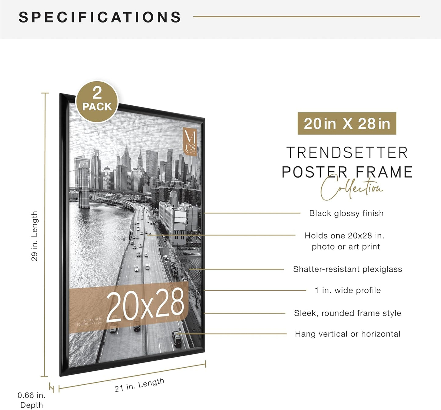 MCS Trendsetter 24x36 Poster Frame Black High-Gloss, Vertical & Horizontal Wall Hanging Large Picture Frame for Photos, Posters & Art Prints (1-Pack)