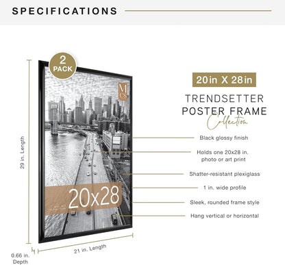 MCS Trendsetter 24x36 Poster Frame Black High-Gloss, Vertical & Horizontal Wall Hanging Large Picture Frame for Photos, Posters & Art Prints (1-Pack)