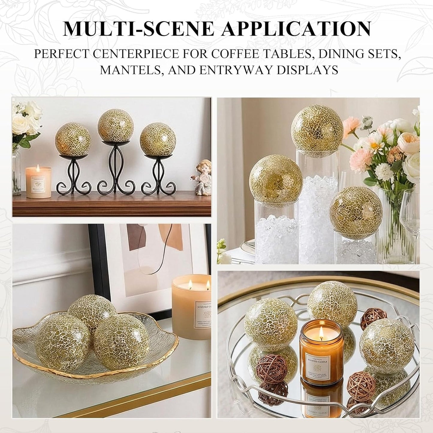 DomeStar 3PCS Decorative Balls, Mosaic Glass Orbs Centerpiece Balls 4inch Gold Orbs for Decorate Bowls Vases Tables Wedding Party