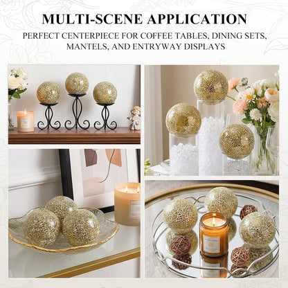 DomeStar 3PCS Decorative Balls, Mosaic Glass Orbs Centerpiece Balls 4inch Gold Orbs for Decorate Bowls Vases Tables Wedding Party