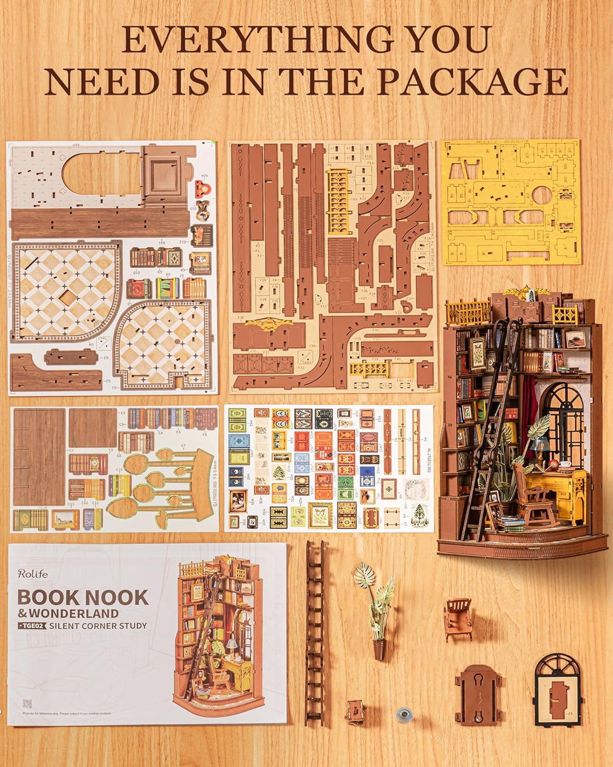 Rolife DIY Book Nook Kit Silent Corner Study, 3D Puzzles Creative British Bookend Bookshelf Decor for Adults, Tiny House Miniature Kits Model Building Kits, DIY Crafts/Gifts for Teens & Book Lovers