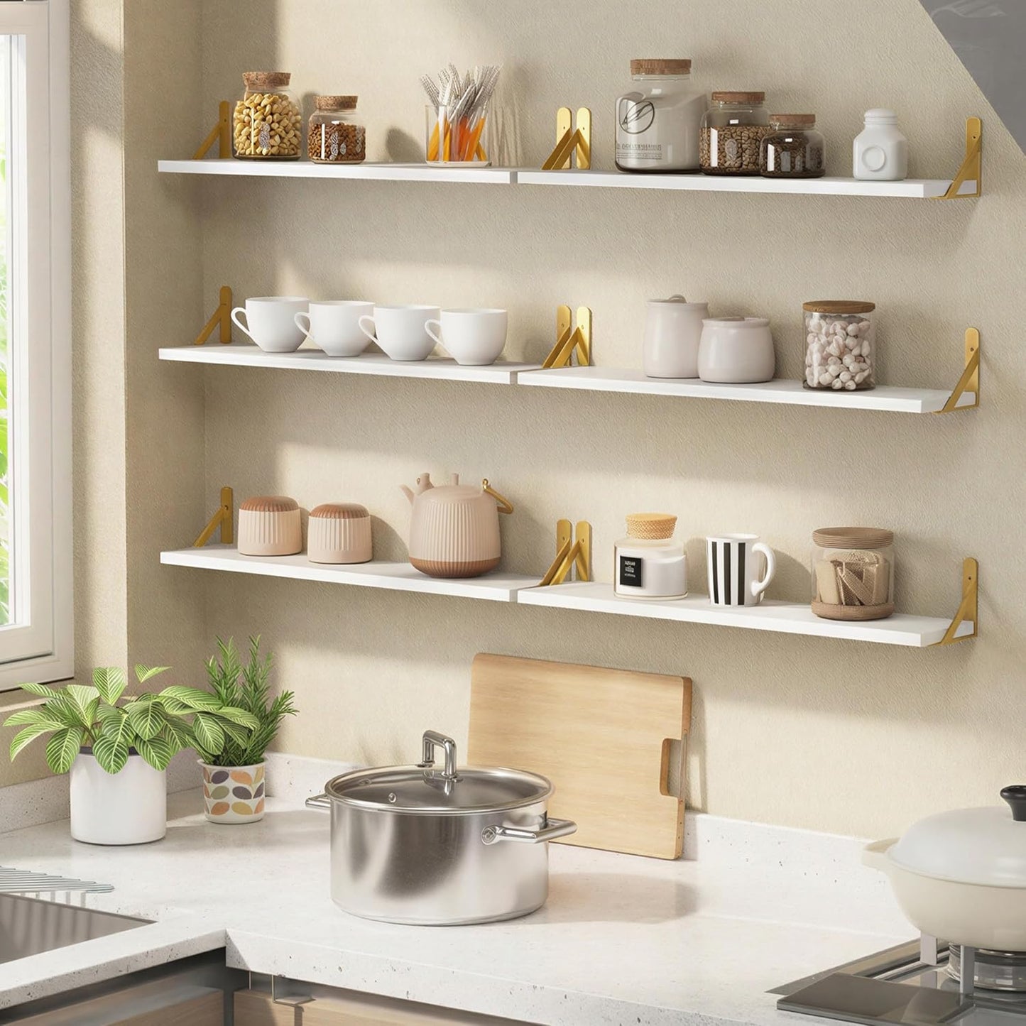 YGEOMER Brown Floating Shelves for Wall, 16.5 Inch Farmhouse Wall Shelves for Bedroom, Bathroom Storage, Living Room and Kitchen Decor (Set of 6 Brown)