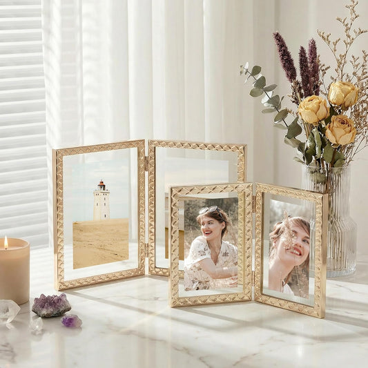 RICHFOCUS Gold 5x7 Floating Picture Frame for Photo 4x6 3.5x5 | 5 x 7 Metal Picture Frames with Double Glass for Tabletop|Modern Photo Frames Wedding|Home Decor