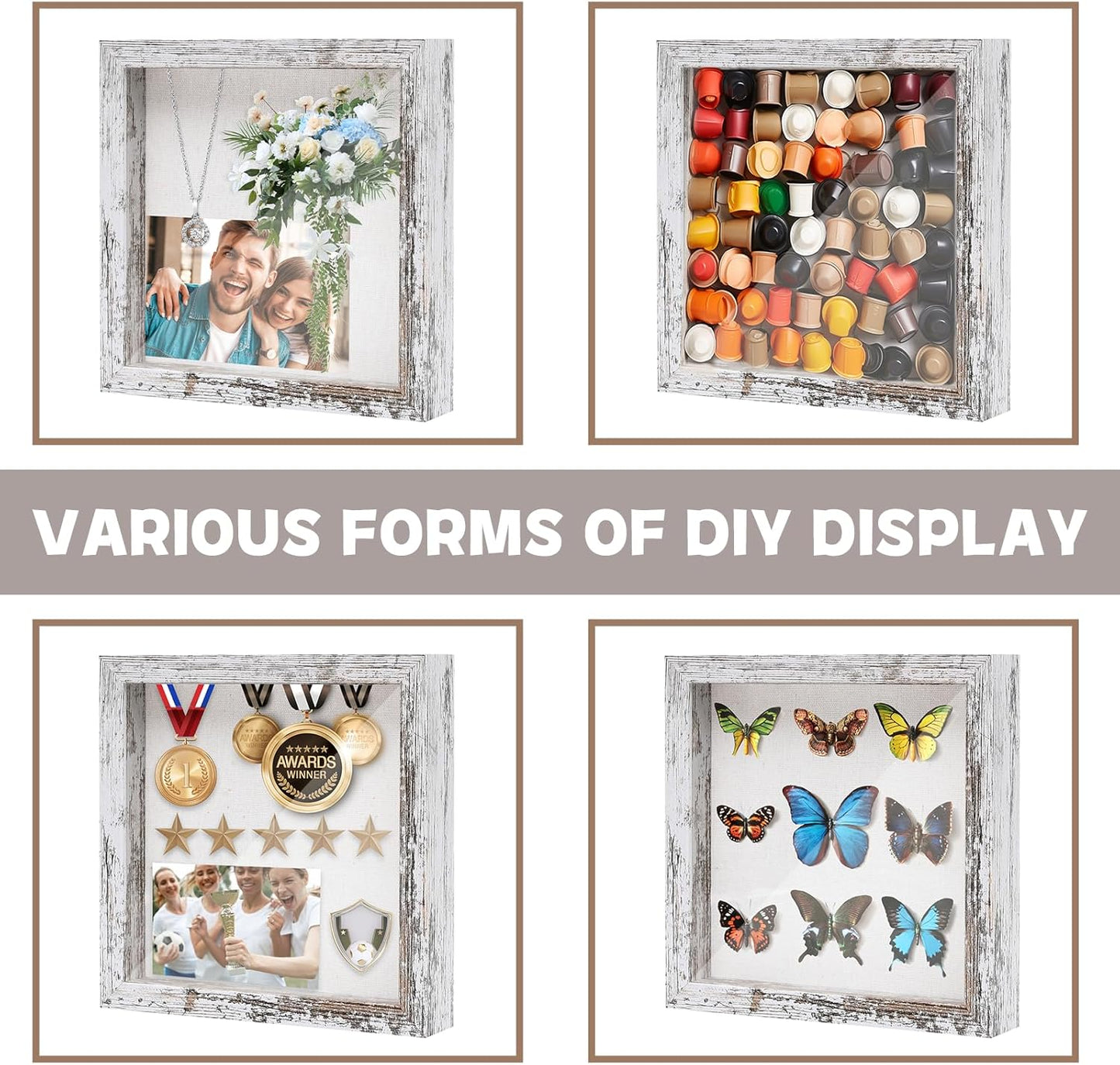 Muzilife 8x8 Shadow Box Picture Frame with Linen Board - Deep Wood & Glass Display Case Ready to Hang Memory Box Baby Sports Memorabilia, Pins, Awards, Medals, Wedding, Tickets and Photos (Black)