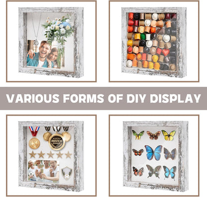 Muzilife 8x8 Shadow Box Picture Frame with Linen Board - Deep Wood & Glass Display Case Ready to Hang Memory Box Baby Sports Memorabilia, Pins, Awards, Medals, Wedding, Tickets and Photos (Black)