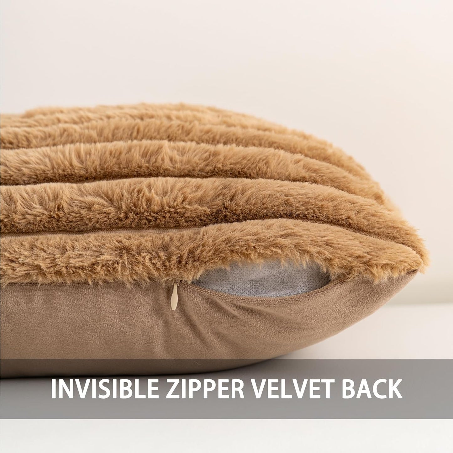Aegero Pack of 2 Faux Fur Christmas Throw Pillow Covers 18x18 Inch, Soft Plush Striped Neutral Couch Pillow Cover, with Velvet Back Modern Home Decor for Sofa Living Room Couch Bed Cream White