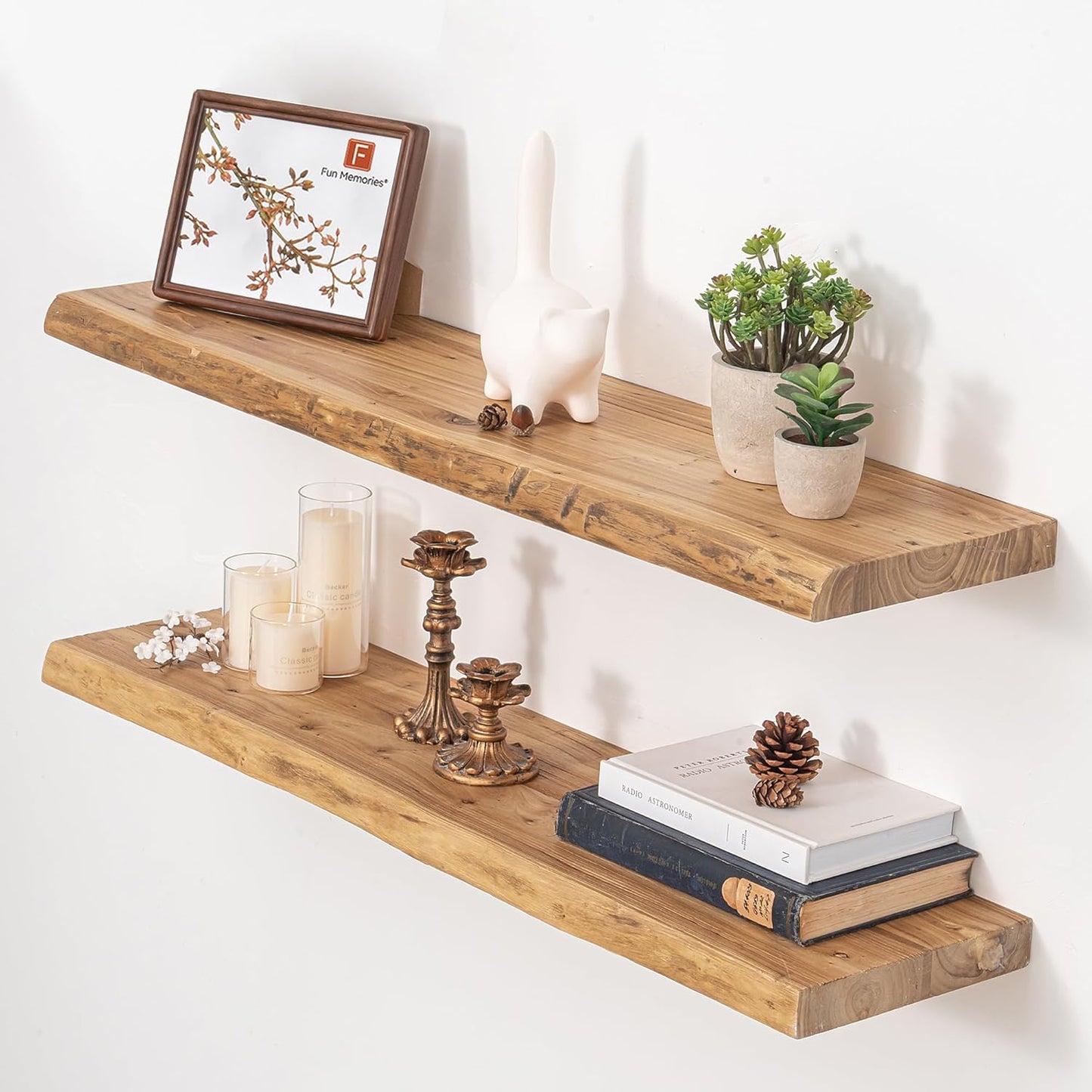 Floating Shelves 36 Inches Long - 8 Inch Deep Rustic Premium Solid Pine Wood for Storage - Farmhouse Wall Mounted for Living Room - Heavy-Duty Metal Bracket - 36" W x 8" D - Set of 2 - White Color