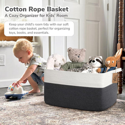 Goodpick Woven Storage Basket, Cotton Rope Basket for Dog Toys, Books, Stylish Gift Basket with Handles, 13 x 10 x 9 Inches Square Baskets for Organizing, Brown and White