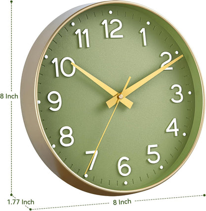 Roymnie Wall Clock Green, Silent Wall Clocks Battery Operated 8 Inch-Modern Non Ticking Analog Clock Decorative for Kitchen Office Bathroom Bedroom(Gold)