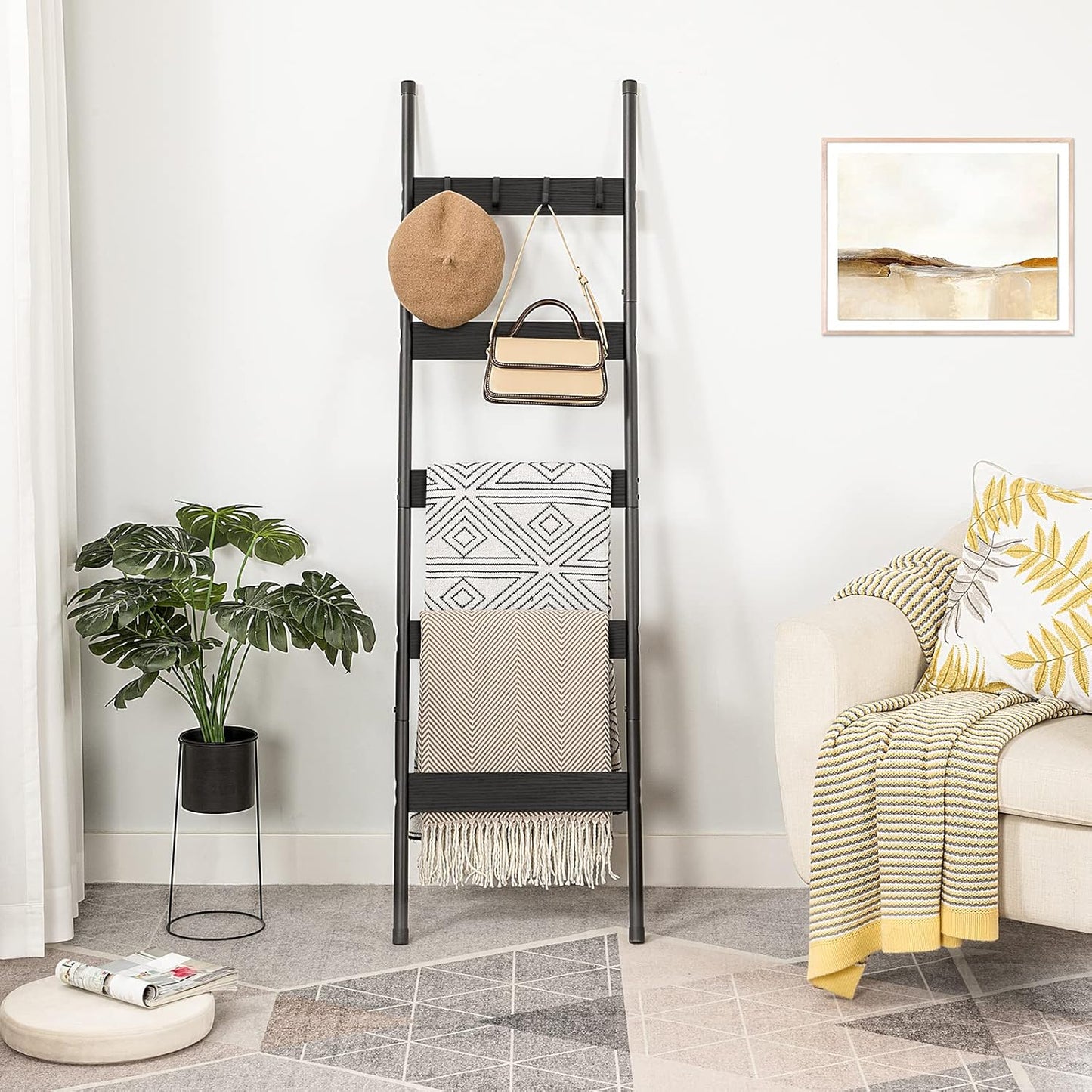 HOOBRO Blanket Ladder, 5-Tier Towel Rack with Hooks, Wall-Leaning Blanket Rack, Decorative Display Ladder Shelf, for Scarves, Industrial, Living Room, Bedroom, Rustic Brown and Black BF52CJ01