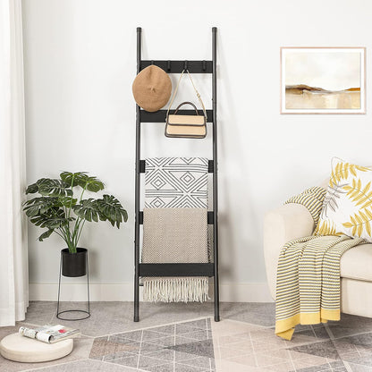 HOOBRO Blanket Ladder, 5-Tier Towel Rack with Hooks, Wall-Leaning Blanket Rack, Decorative Display Ladder Shelf, for Scarves, Industrial, Living Room, Bedroom, Rustic Brown and Black BF52CJ01