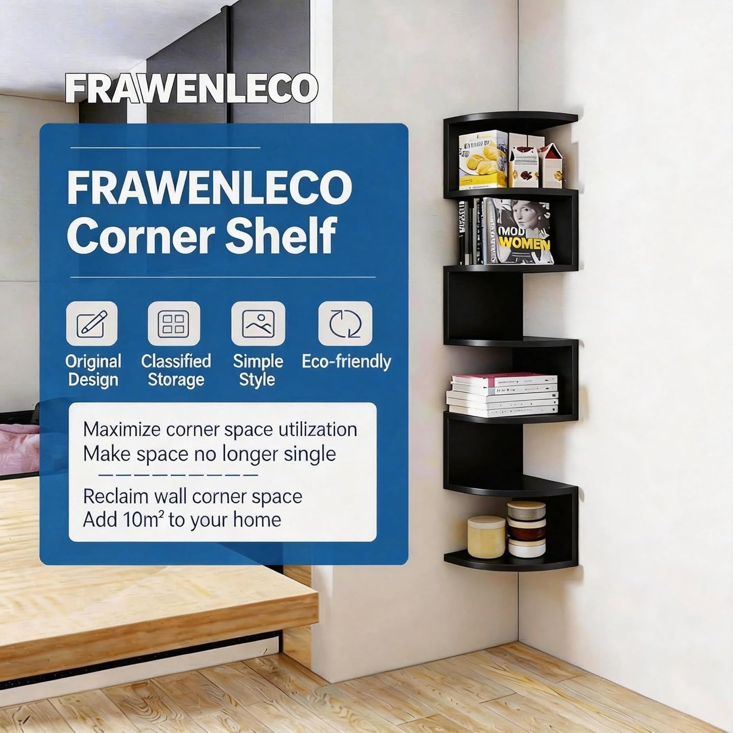 No-Drill Corner Shelf Wall Mount, 5-Tier Floating Corner Bookshelf with Hooks, Space-Saving Zigzag Plant Shelf for Bedroom, Living Room, Bathroom, Home Office
