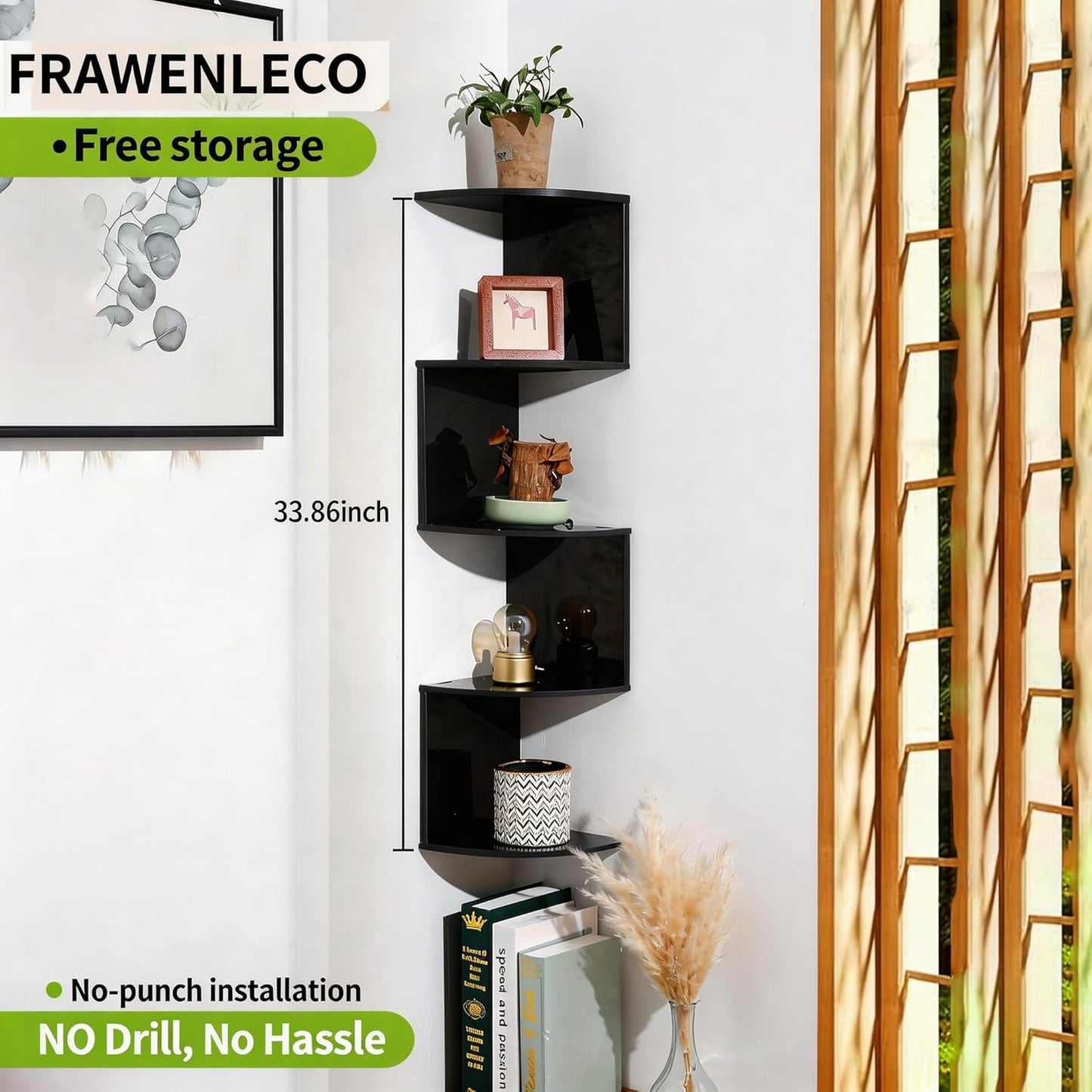 No-Drill Corner Shelf Wall Mount, 5-Tier Floating Corner Bookshelf with Hooks, Space-Saving Zigzag Plant Shelf for Bedroom, Living Room, Bathroom, Home Office