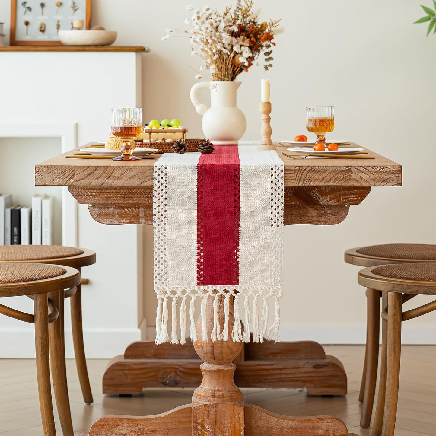 FEXIA Boho Table Runner for Thanksgiving Fall Christmas Home Decor with Tassels 72 Inches Long Pottery barn Furniture Farmhouse Rustic Macrame Burlap Table Decoration for Living Room (12x72 Inches)