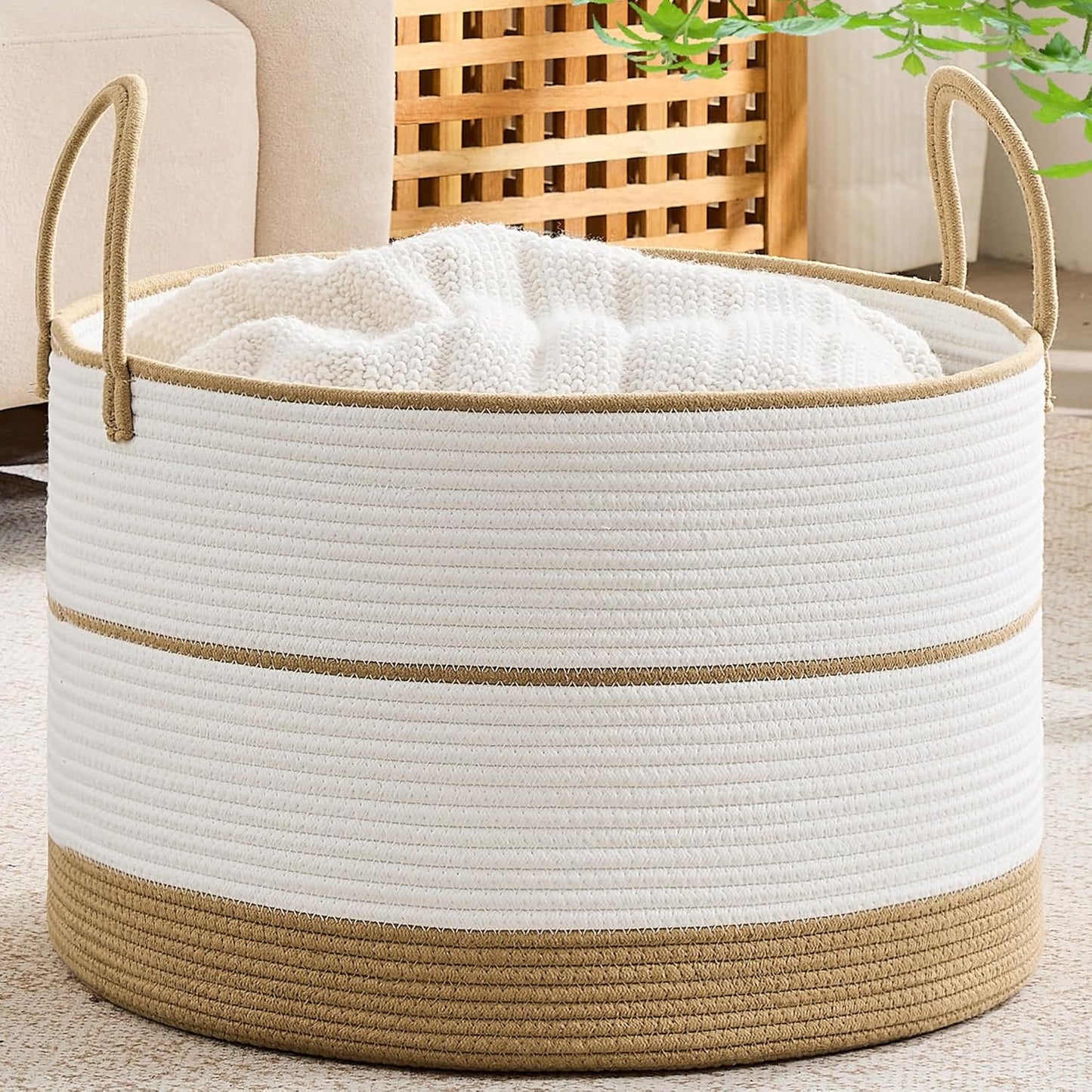 KAKAMAY Large Blanket Basket (20"x13"),Woven Baskets for storage Baby Laundry Hamper, Cotton Rope Blanket Basket for Living Room, Laundry, Nursery, Pillows, Baby Toy chest (White/Brown)